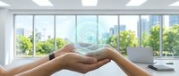 Hands holding glowing lightbulb hologram in modern office with city view. Innovation, creativity and business idea concept for corporate presentations.
