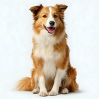 Happy border collie dog with red and white fur sitting against white background, isolated for pet care advertising or veterinary services.