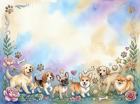 Watercolor frame with adorable puppies and floral elements on pastel background, isolated design for pet-themed projects and greeting cards.