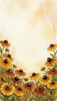 Watercolor autumn flowers frame with golden yellow blooms and warm textured background for seasonal greeting cards and fall decorations.