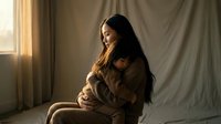 Pregnant woman with long dark hair and medium skin tone cradling her belly while sitting indoors near window light, maternity and expectancy concept for healthcare and family planning materials.