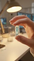 Scientist hand holding DNA sample in glass vial at modern laboratory with microscope and warm lighting for genetic research and biotechnology studies.