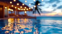 Young adult male, Caucasian ethnicity, relaxing in tropical resort swimming pool at sunset with string lights and palm trees in background, suitable for travel, hospitality, vacation, and lifestyle marketing.