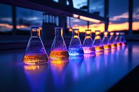 Laboratory glassware with colorful liquid chemicals glowing in dramatic sunset light, creating reflections on blue surface. Scientific research concept.