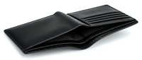 Open black leather bifold wallet with card slots, isolated on white background, showcasing sleek minimalist design for finance and fashion concepts.