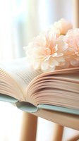 Delicate peach carnations rest on open book pages with soft natural lighting, creating romantic atmosphere for wedding, lifestyle, or educational content styling.