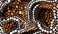 Abstract dot pattern in brown, white and black colors forming curved lines and circular shapes. Australian aboriginal art style background with traditional dotted motifs.
