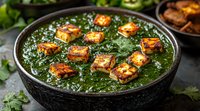 Palak paneer curry with golden fried cottage cheese cubes in spinach gravy garnished with fresh cilantro, served in black ceramic bowl on dark background.