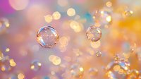 Sparkling water drops floating in air against blurred golden and purple bokeh background, creating magical atmosphere for festive designs and celebrations.