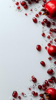 Fresh pomegranate seeds and whole fruits scattered with water drops on light gray background, creating elegant border composition with copy space.