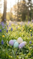 Colorful Easter eggs nestled in spring meadow with purple wildflowers and golden sunlight filtering through trees creating magical bokeh atmosphere.