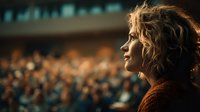 Young blonde woman performer on stage looking at audience in concert hall or theater venue during live entertainment event.