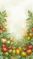 Tomato plants with ripe and unripe fruits in various stages of growth, featuring green foliage and yellow flowers, isolated on white background with watercolor effect for design use.