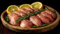 Raw chicken livers on wooden board with lemon slices and rosemary garnish, ready for cooking or culinary preparation.