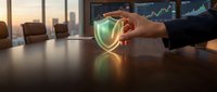 Professional businessman holding glowing security shield symbol in modern office boardroom representing cybersecurity and data protection solutions.