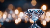 Brilliant cut diamond with bokeh light reflections on dark surface. Luxury jewelry concept with sparkling gemstone and soft focus background illumination.