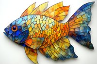 Vibrant stained glass goldfish artwork featuring mosaic-style segments in blue, orange and yellow hues against white background, showcasing detailed fins and scales pattern.