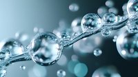 Crystal clear water droplets forming chain-like molecular structure with bokeh light effects on gradient blue background for scientific research concepts.
