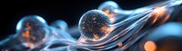 Microscopic virus cell floating in blue fluid stream with glowing orange particles, scientific medical research visualization on dark background.