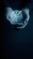 Hands holding glowing compass symbol representing guidance, direction and navigation in business strategy and decision making concepts.