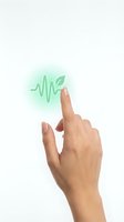 Hand touching green eco heartbeat pulse with leaf symbol representing sustainable healthcare and environmental wellness on white background.