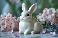 White ceramic bunny figurine surrounded by delicate pink blossoms and lavender sprigs on gray surface, creating soft spring holiday atmosphere.