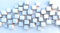White geometric cubes floating in space create dynamic composition with soft shadows and depth, abstract modern background for technology and data visualization.