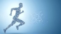 Digital network silhouette of athletic runner formed by connected dots and lines against blue background, representing technology and sports innovation.