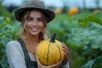 Young Caucasian woman in hat and overalls holding fresh yellow pumpkin while working in organic farm garden during autumn harvest season, genuine smile.