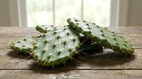 Prickly pear cactus fruits with spines on wooden surface near window, suitable for food, agriculture, and botanical content.