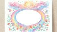 Watercolor rainbow heart frame with floral elements and stars on white background for greeting cards, invitations and romantic designs.