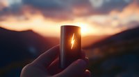 Glowing lightning bolt icon on dark smartphone screen held against dramatic sunset sky and mountain silhouettes, symbolizing power and energy concept.