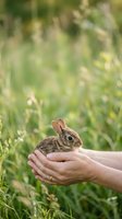 Small rabbit held gently in human hands against blurred green grass background. Young brown bunny resting on open palms outdoors. Wildlife care and animal handling concept.