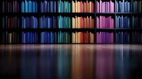 Colorful books arranged on dark library shelves creating vibrant rainbow spectrum reflection on glossy floor surface, dramatic lighting enhances multicolored spines.