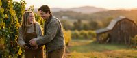 Pregnant couple embracing in vineyard at golden hour sunset with rolling hills and rustic barn creating romantic maternity portrait in wine country landscape.