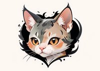 Artistic portrait of calico cat face with orange eyes framed by black heart shape splash on light background, stylized illustration for decorative design.