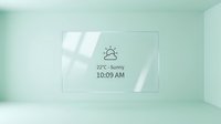 Minimalist weather display showing sunny conditions at 22 degrees Celsius and 10:09 AM on frosted glass panel in soft mint green room with natural light shadows.