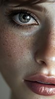 Close-up of woman's face with freckles, blue-green eye with long eyelashes, and glossy pink lips. Perfect for beauty and skincare advertising.