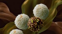 Luxury chocolate truffles with coconut flakes and pistachio nuts on brown silk fabric with elegant green swirls, gourmet confectionery background.