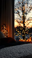 Cozy winter evening view from bedroom window with glowing fairy lights on tree and Christmas decorations creating warm atmosphere at sunset.