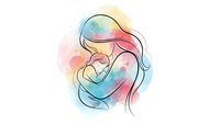 Mother holding newborn baby in tender embrace with watercolor splash background for maternal love and parenting concepts.