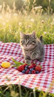 Tabby kitten sitting on red and white checkered picnic blanket with fresh berries and lemon in sunny meadow setting.