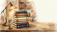Stack of colorful books with brass reading lamp and potted plant on wooden desk in cozy home library setting for education and literature concepts.