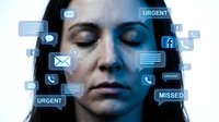 Overwhelmed businesswoman with closed eyes surrounded by digital notification icons representing stress from constant connectivity and information overload.