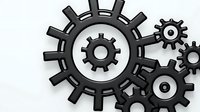 Interconnected black gears and cogs on white background, symbolizing teamwork, mechanical systems, industrial processes, engineering solutions, and business collaboration for design projects.