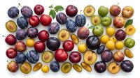Assorted fresh stone fruits and berries including plums, apricots, and cherries arranged on white background, isolated for culinary, recipe, and food design projects.