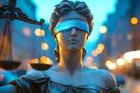Lady Justice statue illuminated by dramatic blue lighting and bokeh lights, holding scales of justice. Close-up view emphasizes blindfold and classical features.