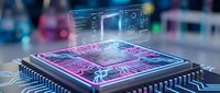 Futuristic computer processor chip with holographic interface displaying digital data streams and circuit patterns in neon colors on technology background.