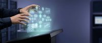 Businessman hand touching holographic digital interface with data icons and network symbols on tablet device for business technology solutions.