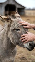 Hands of an older adult with light skin tone gently petting a gray donkey on a rural farm, with a weathered barn visible in the soft-focused background, conveying care and connection.